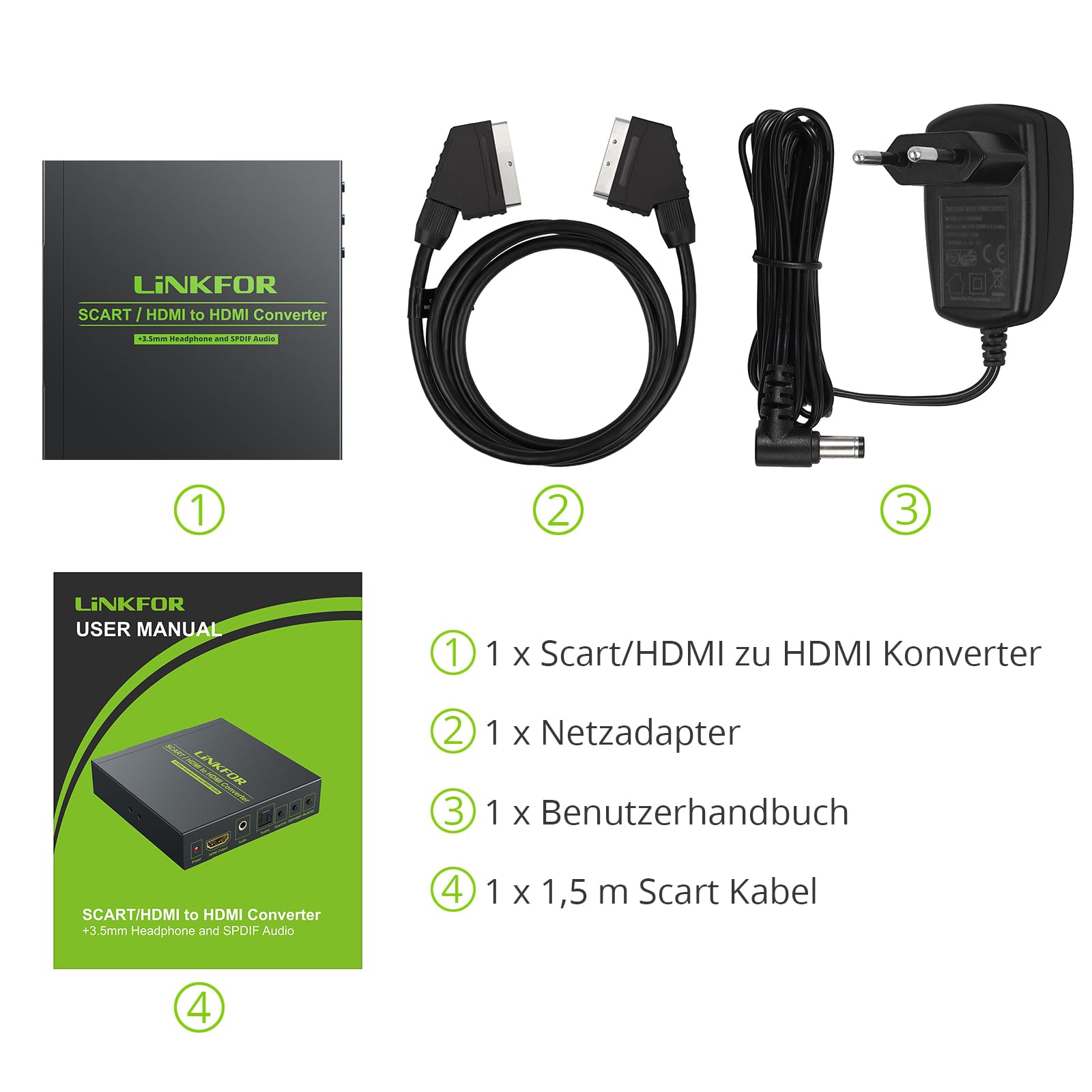LiNKFOR Scart zu HDMI 720p/1080p Konverter mit 3,5 mm Kopfhörer und SPDIF-Stereo-Audio NTSC und PAL kompatibel für HDTV STB PS3 PS4 Sky Blu-Ray DVD mit Adapter
