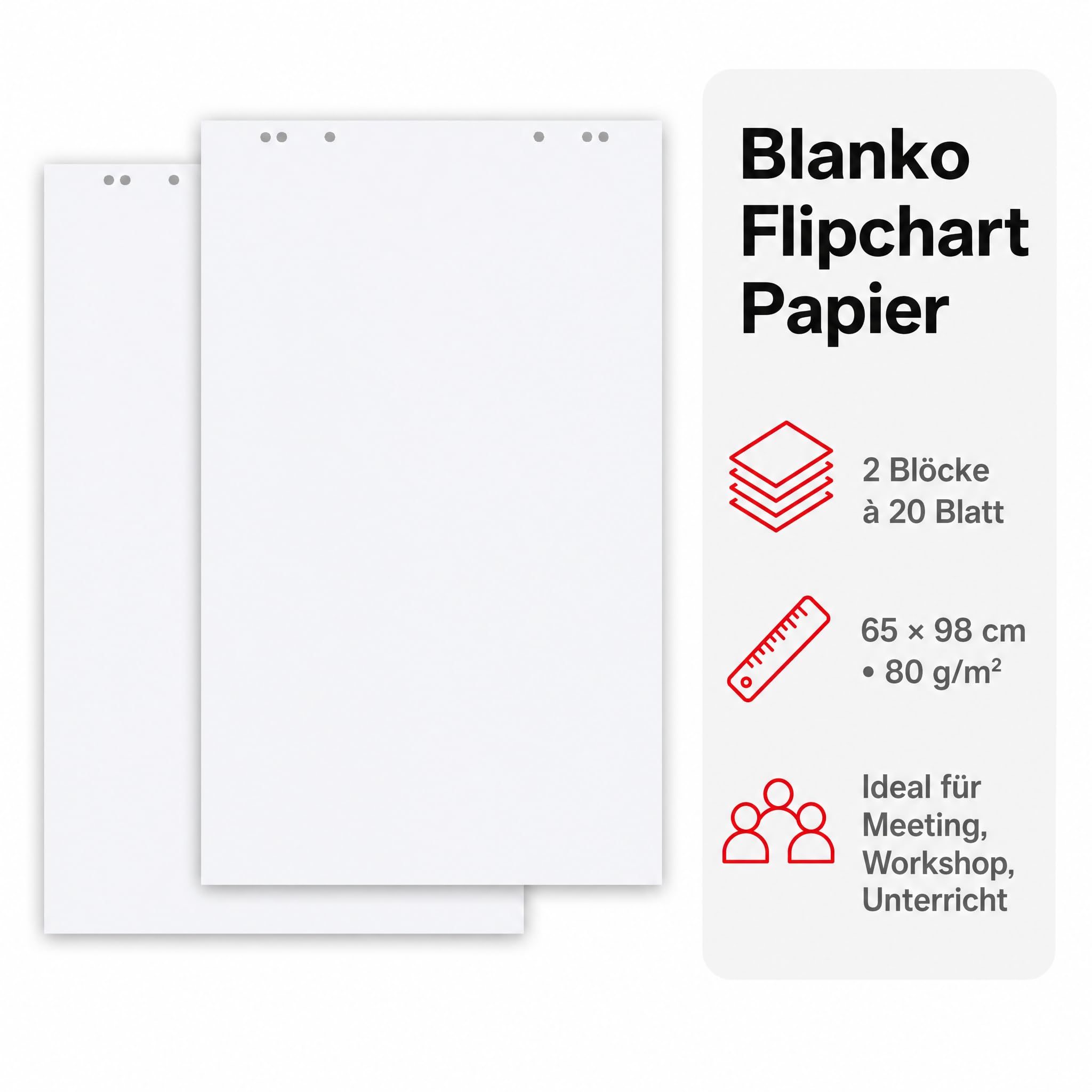 Conipa® - 2 x Flipchart Papier Block 65x98 cm weiß (BLANKO) 80 g/qm - 2 Flipchart-Blöcke à 20 Blatt - Whiteboard-Papier für Charts & Meetings (2 Blöcke Blanko)