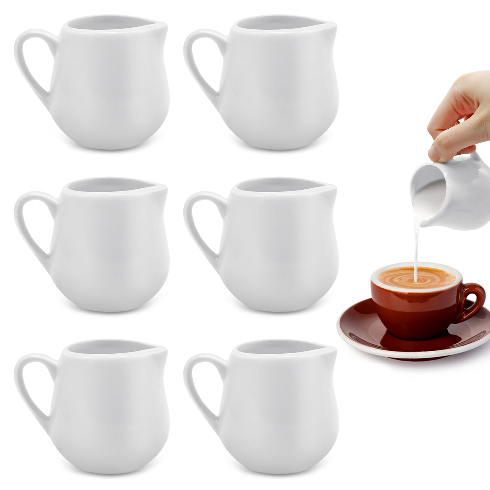 Iceten 6 PCS Small Milk Jug Set - White Ceramic Frother, Creamer, Sauce Pots, Mini Tea Pot, Gravy and Coffee Jugs With Handle for Home Kitchen Office Coffee Bar (110 ml/3.9oz)