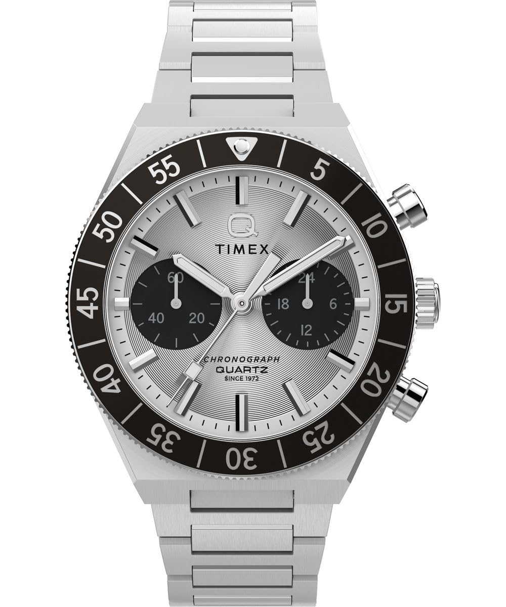 Timex Watches Men's Silver/Black Timex Q Timex Dial Stainless Steel Bracelet Watch Tw2y55800 | Acotis - Stainless Steel / Mineral Glass / Stainless Steel