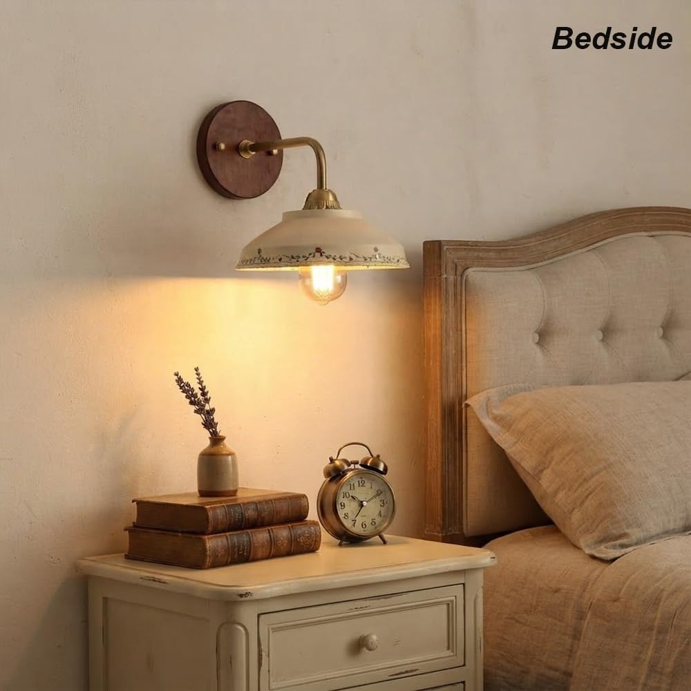 Kinkiet Ceramiczny W Kwiaty, Vintage Mleczna Lampy Ścienna Nocna | Oświetlenie Ścienne Porcelana Wiejska Kremowa Mid Century Lampy Wewnętrzna Kącik do Czytania Korytarz Wejście