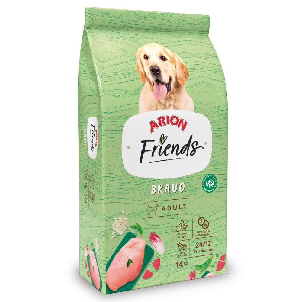 Arion Friends Bravo. Pienso Completo para el Mantenimiento de Perros Adultos. Pienso con Pollo y arroz (14kg)