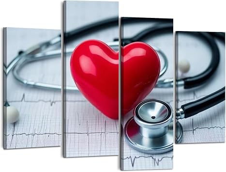 Weone Artwork 4 Panel Canvas Wall Art heart stethoscope ekg stethoscope hearts pictures Stretched & Framed Art Prints Modern Painting Wall Decoration Ready to Hang Unique Designed