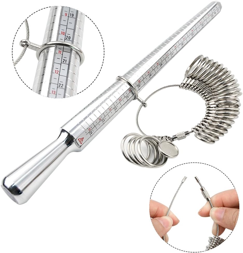 TOVOT 3PCS Multi-Function Ring Sizer Measuring Tool Kit Metal Mandrel Sizer Gauge Set for Rings Making with Rubber Hammer