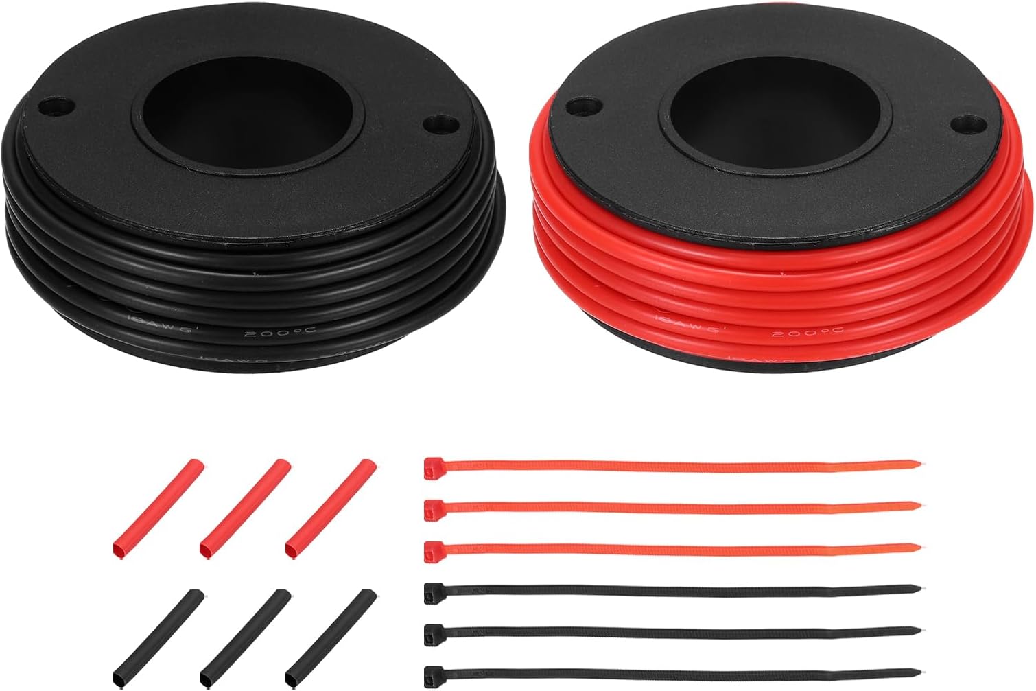 2pcs 18 AWG Silicone Electrical Wire Spool, 18 Gauge 6.1m/20ft Tinned Copper Electrical Wires with Heat Shrink Tubing & Cable Ties for Automotive, RV Inverter - Red & Black