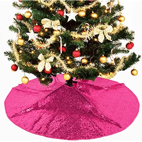 Pardecor 60in Tree-Skirt Christmas Hot Pink Tree Skirt Sequin Tree Skirt Sequin Fabric Tree Skirt Xmas Tree Ornament Glitter Tree Skirts Tree Skirt Christmas Decorations(Hot Pink, 60 Inch) Cover