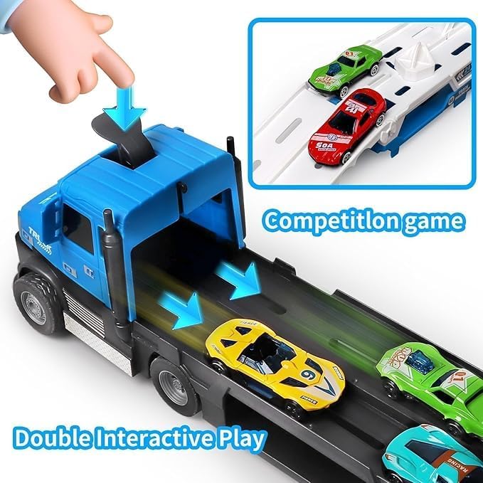 Image of Big Hauler Storage & Deform Truck Toy with 55 inch 2 Ejection Race Track & 6 Cars- Catapult Truck with LED Light & Music for Kids (Blue & Yellow)