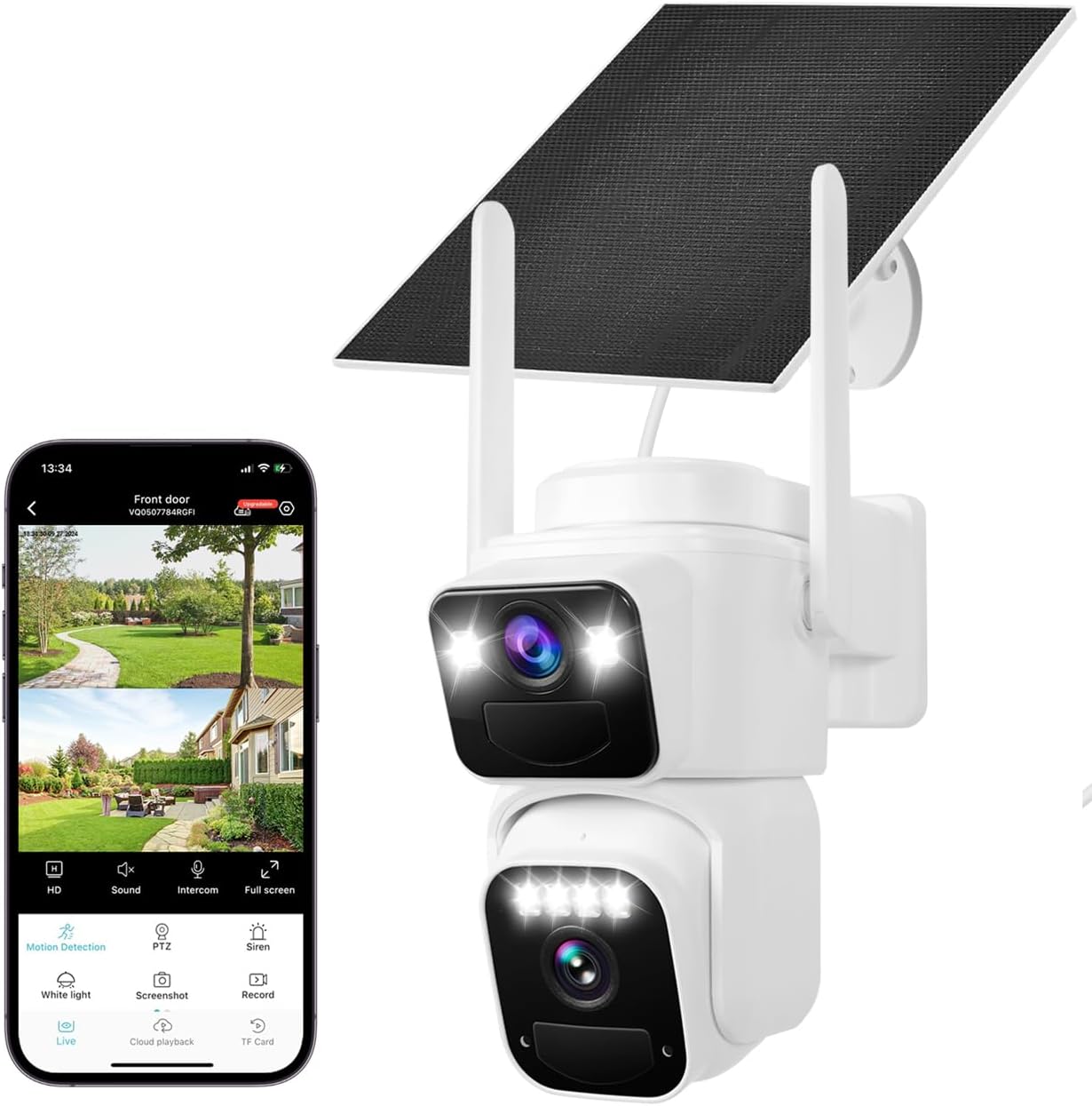 Dual Lens Dual Screen 2K Solar Security Camera Wireless Outdoor 360° View Battery Powered Camera with Spotlight Color Night Vision, PIR Sensor WiFi Home Security System