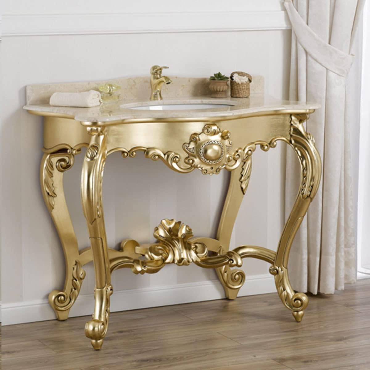 Simone Guarracino Luxury Design Bathroom vanity console Luigi Filippo Baroque French style gold leaf marble cream