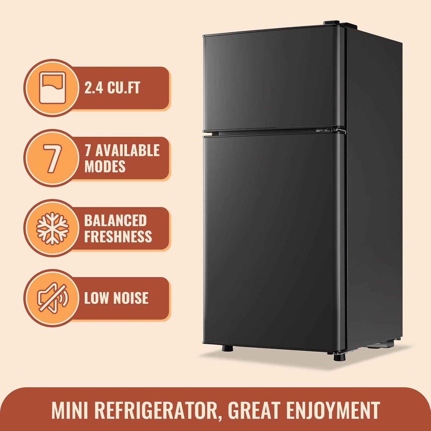 Mini Fridge with Double Doors Small Refrigerator with Separate Freezer & 7 Adjustable Temperature Control, Tiny Size & Personal Fridge Ideal for Office Apartment Dorm Dark Grey