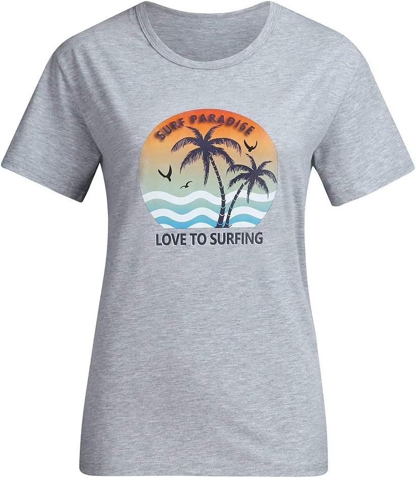 iZZB Women's Summer Casual Tree Letter Printing Short Sleeve T-Shirt Blouse Tops