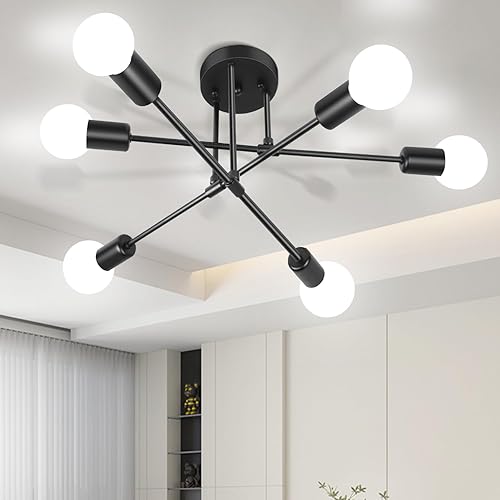 SILAMPDI Candelabro Sputnik moderno, lámpara de techo negra de 6 luces, lámpara de comedor industrial para dormitorio, cocina, sala de estar,
