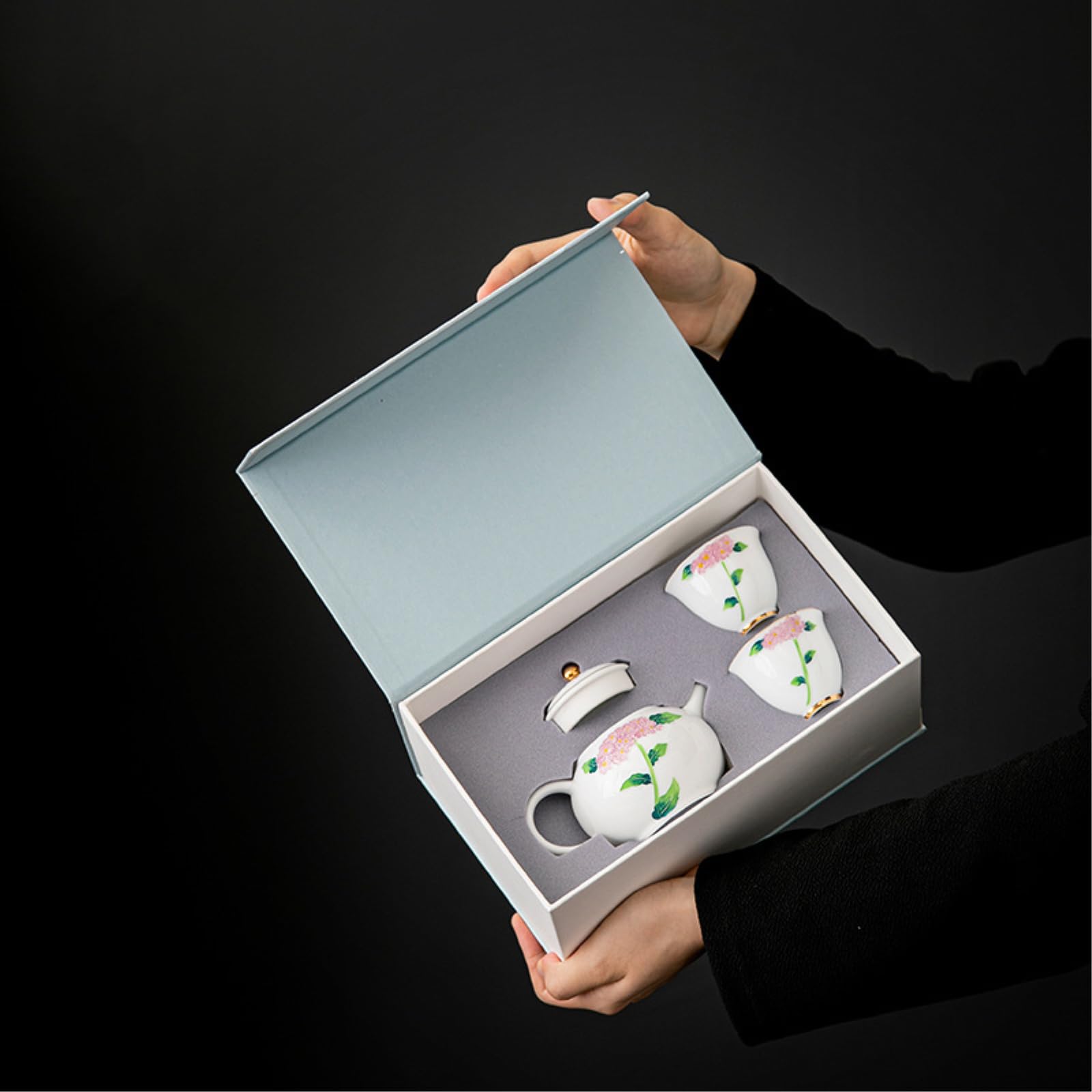 Té de hortensias pintado a mano de porcelana blanca, una olla de dos tazas de personalidad fresca y exquisita para el hogar, azul flor (caja)