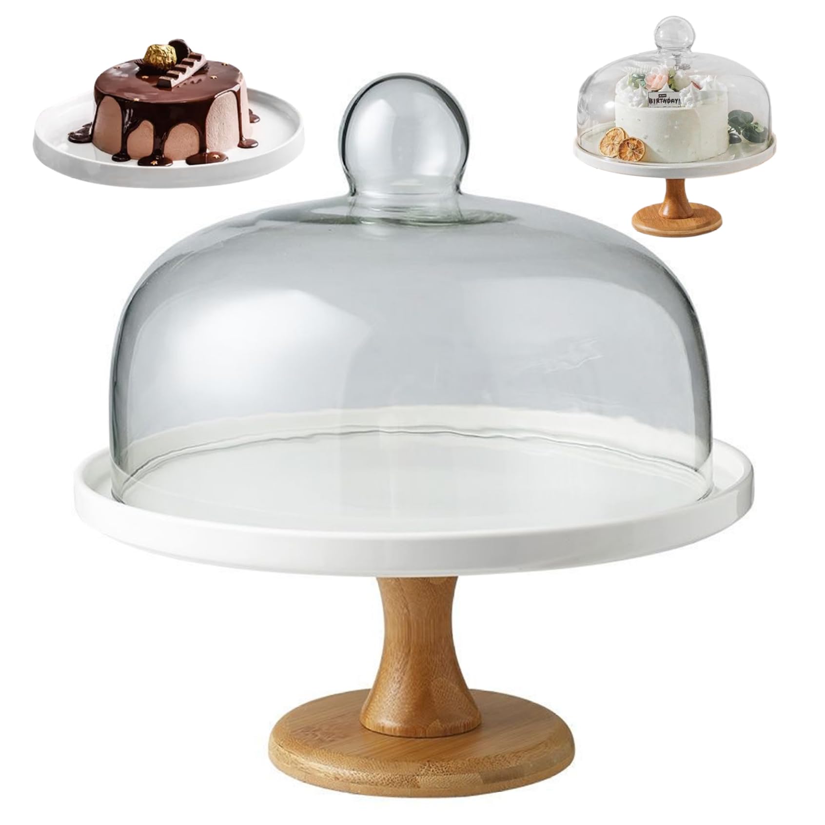 Soporte para pasteles de 8 pulgadas con tapa de vidrio transparente Cúpula para pasteles desmontable Soporte multifuncional para exhibición y almacenamiento de frutas, postres y fiestas.