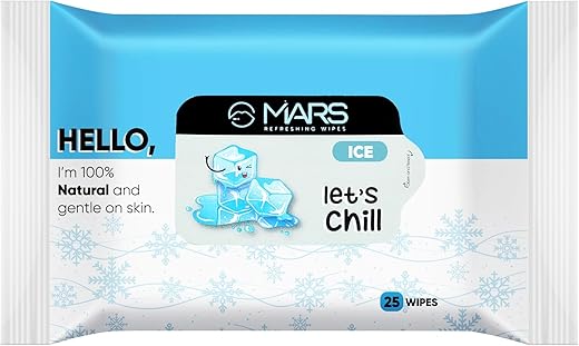 MARS Refreshing Wet Wipes for Face| Facial Cleansing | Refreshing & Skin Hydration| Soothing for skin | pH Balance & Alcohol Free | Nourishing with Fruit extract | 25 Wipes (Ice)