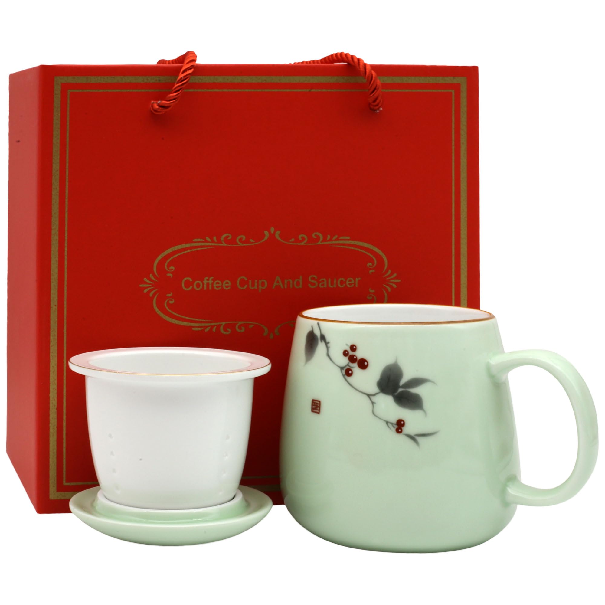 Taza de té de cerámica con infusor y tapa de cerámica. Taza de té de porcelana premium de 18 oz con estuche para té de hojas sueltas, infusiones de hierbas, té de flores y café (verde claro).