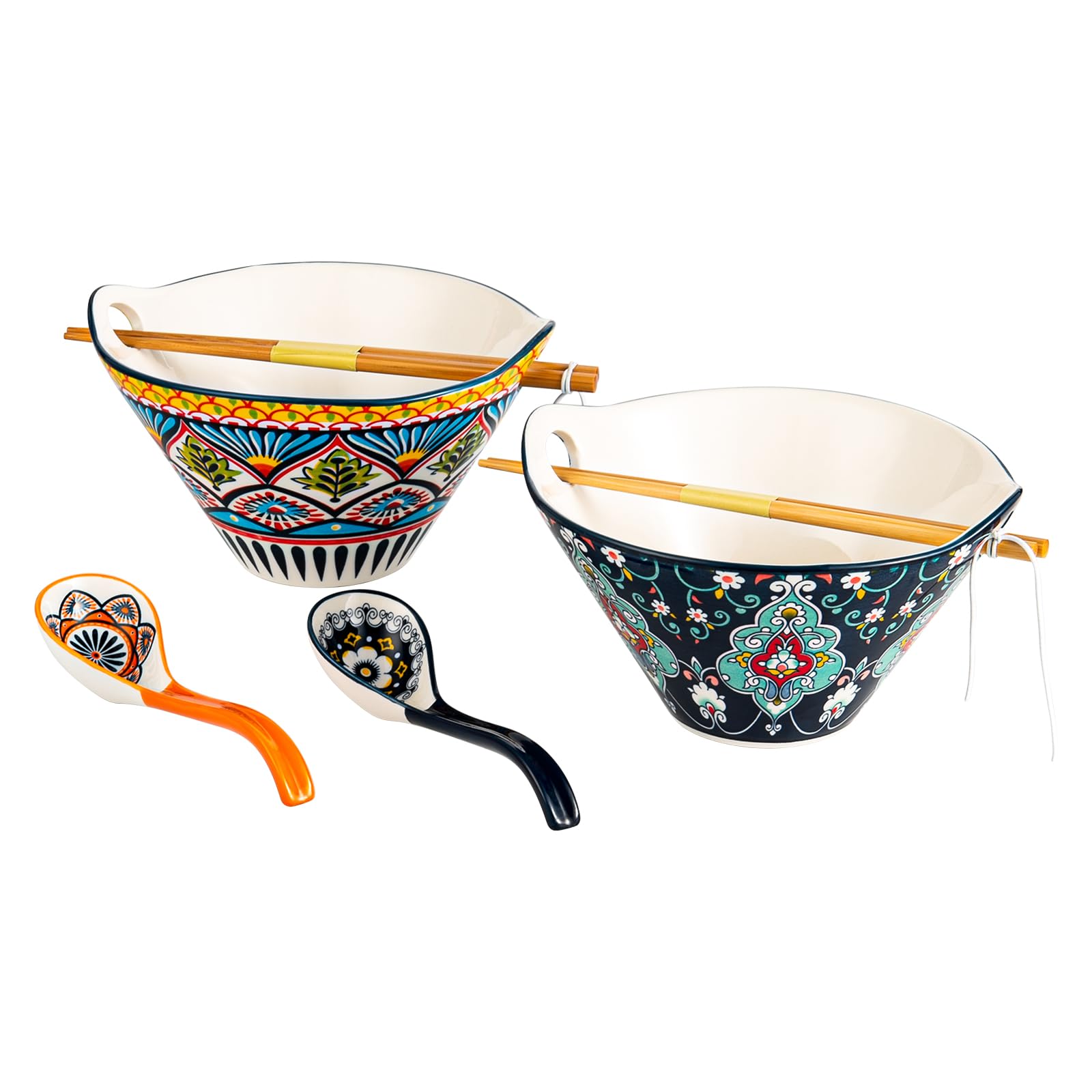 HENXFEN LEAD Set di ciotole per ramen giapponese in porcellana, 2 pezzi 780ml Ciotola per zuppa colorata con bastoncini e cucchiaio - Stile bohémien