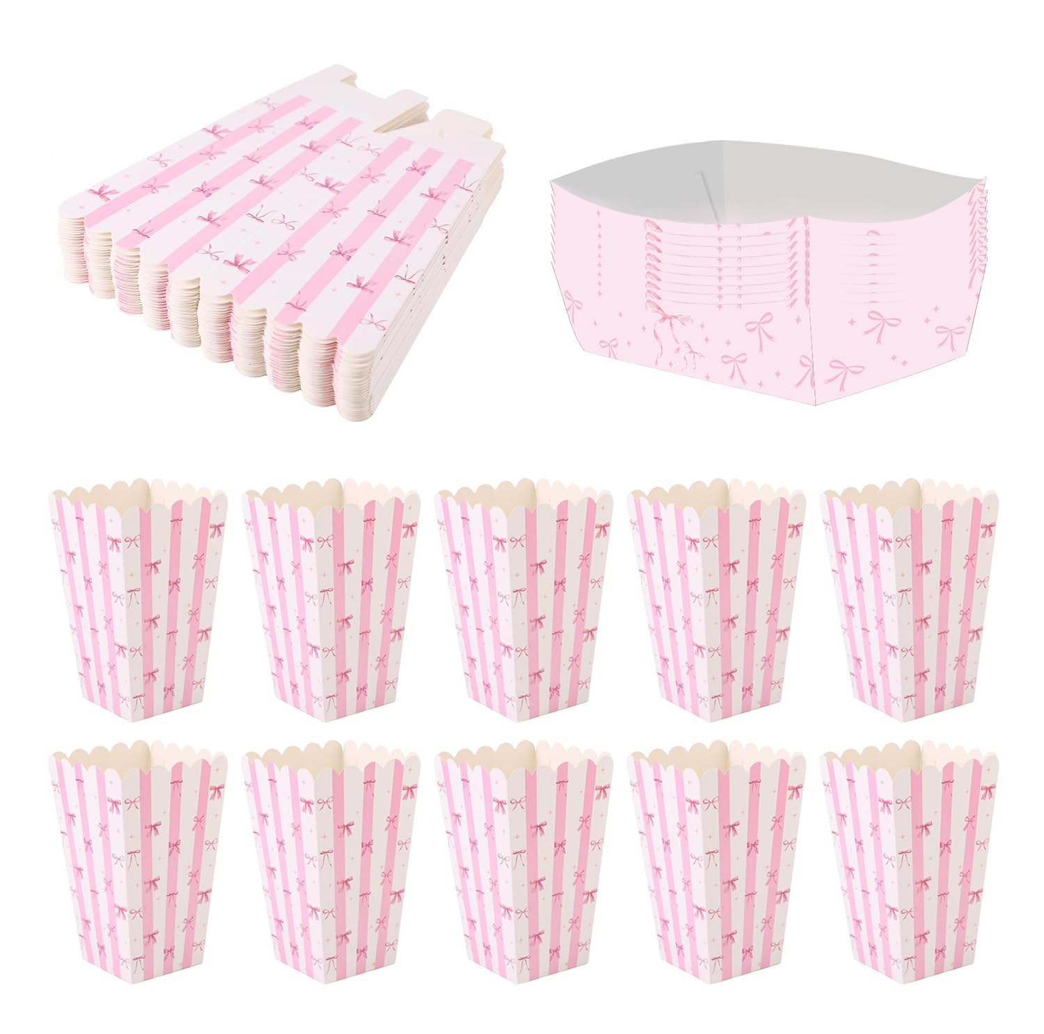 22 Pcs Popcorn Boxes and Fry Cones, 10 Popcorn Buckets and 12 Fry Containers Pink, Bow Pattern Design, Party Favor Treat Boxes for Birthday, Movie Night, Baby Shower and Bachelorette Party Supplies