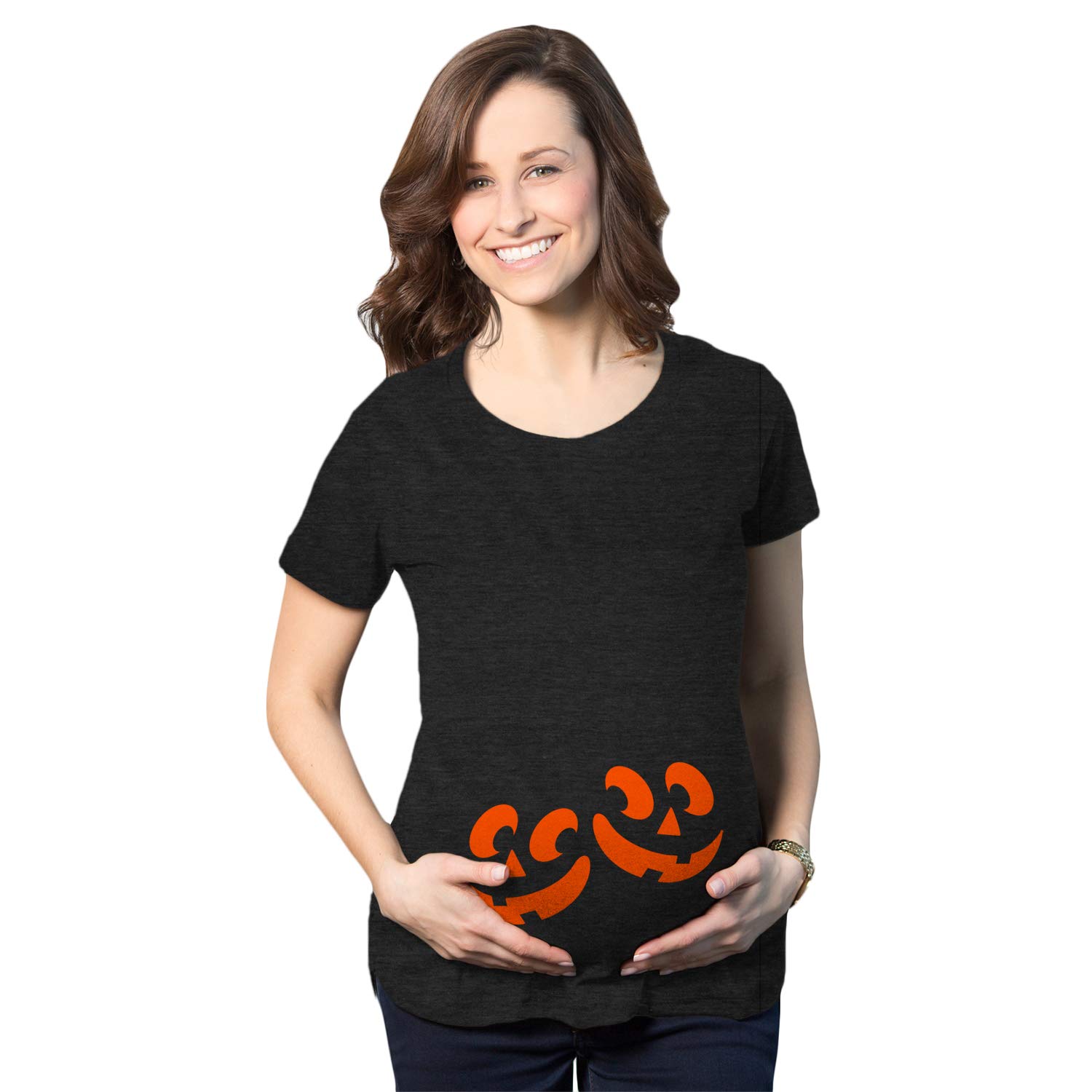 Crazy Dog T-ShirtsMaternity Twin Pumpkin Faces Tshirt Cute Halloween Jack-O-Lantern Pregnancy Tee