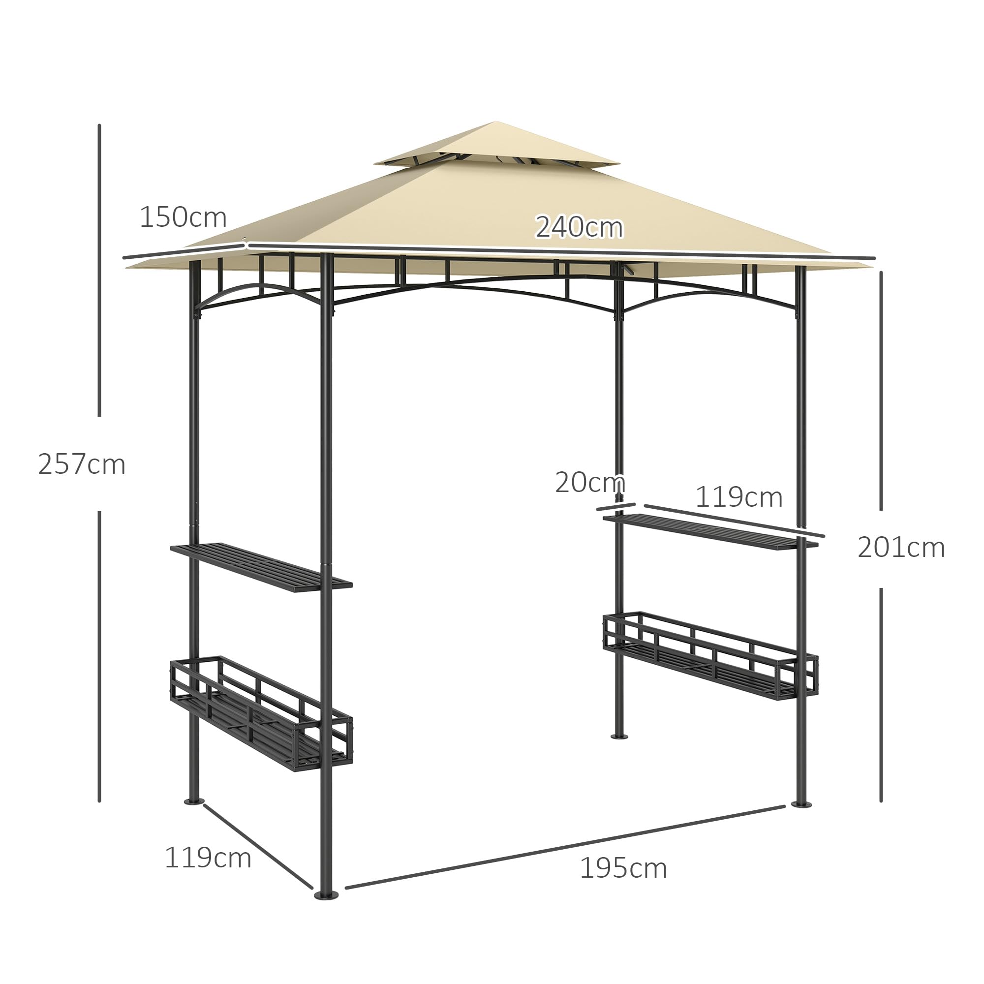 Outsunny Tonnelle de Barbecue Extérieur Abri 240x150x257cm Beige | Auvent de Réception Jardin, Crochet au Plafond, Étagères et PaniersLatéraux, Structure Métal Galvanisé