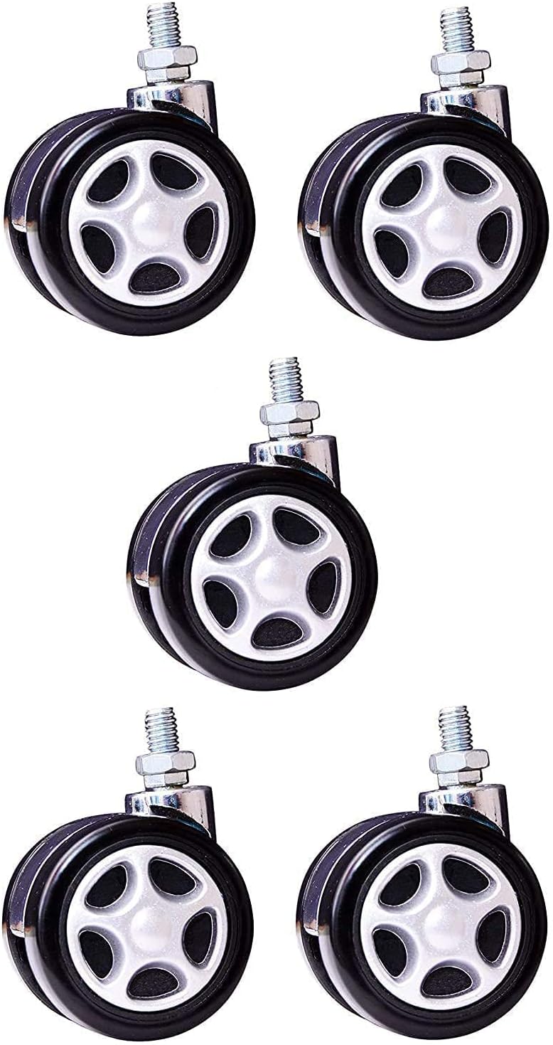 Denish Heavy Duty Alloy Thread Twin Caster Wheels Tyres Suitable for All Office Chairs/Revolving Chair (Chrome and Black) - Set of 5