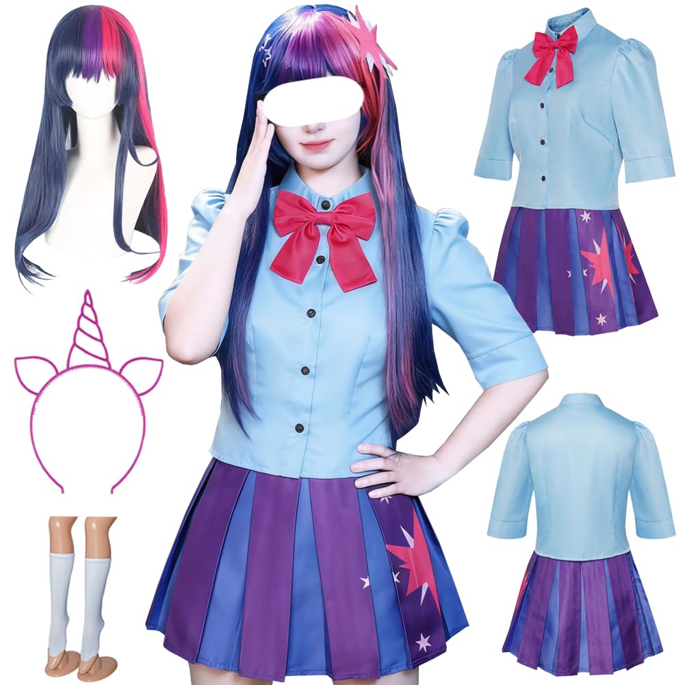 MYSUPERSTAR Twilight Sparkle Costume Purple Dress Twilight Sparkle Outfit With Hairband Party, Purple+wig, Large
