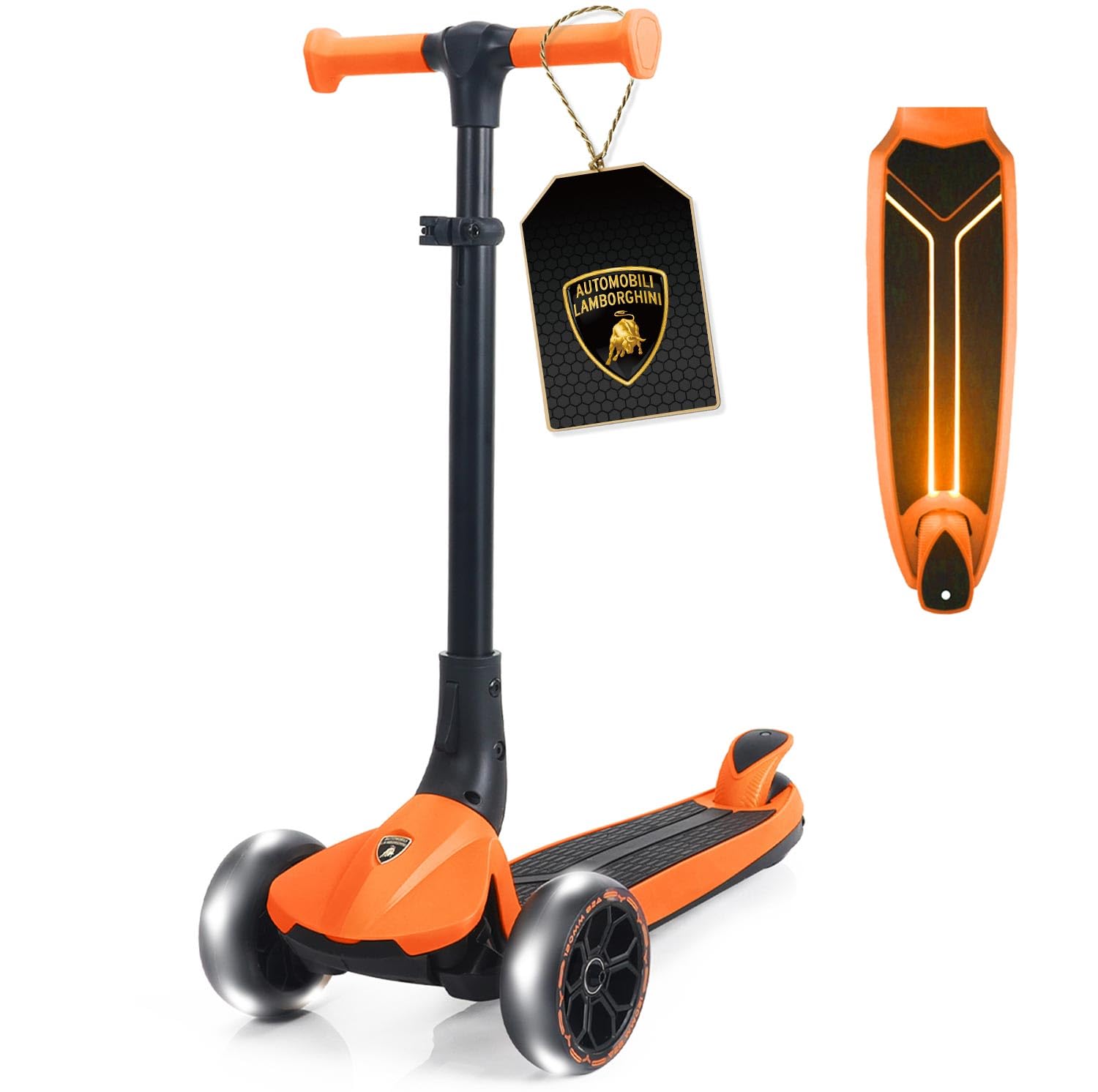 Lamborghini Scooter for Kids Ages 3-7, 3 Wheel Kids Scooter with Light-up Wheels & LED Deck, Adjustable Height, Foldable, Lean to Steer, Kick n Roll for 3+ Year Old Toddlers Girls Boys Orange