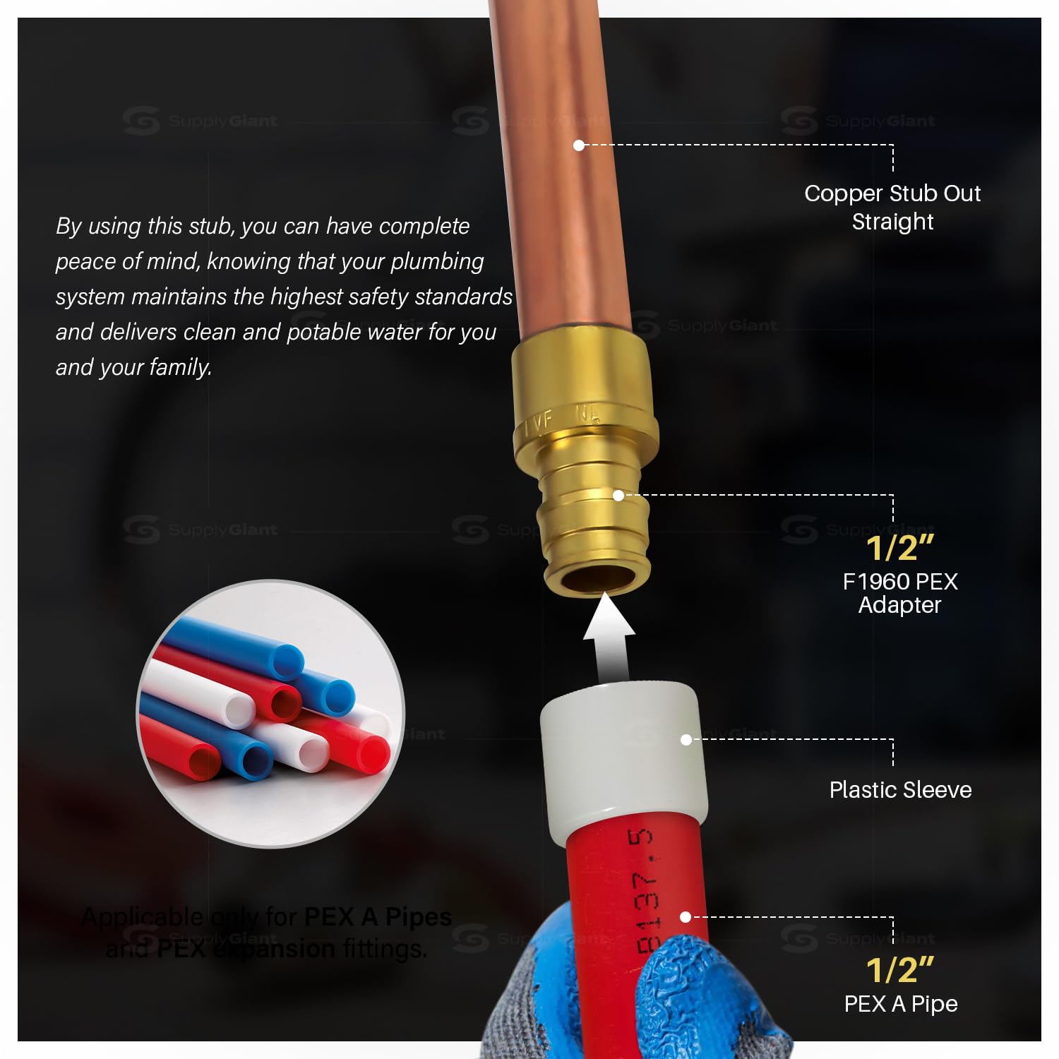 Extensión de cobre de 1/2 pulgada Pex-A, 1/2" x 8" recto F1960 empalme de codo sin plomo, para uso en conexión de tubería Pex-A (paquete de 5)