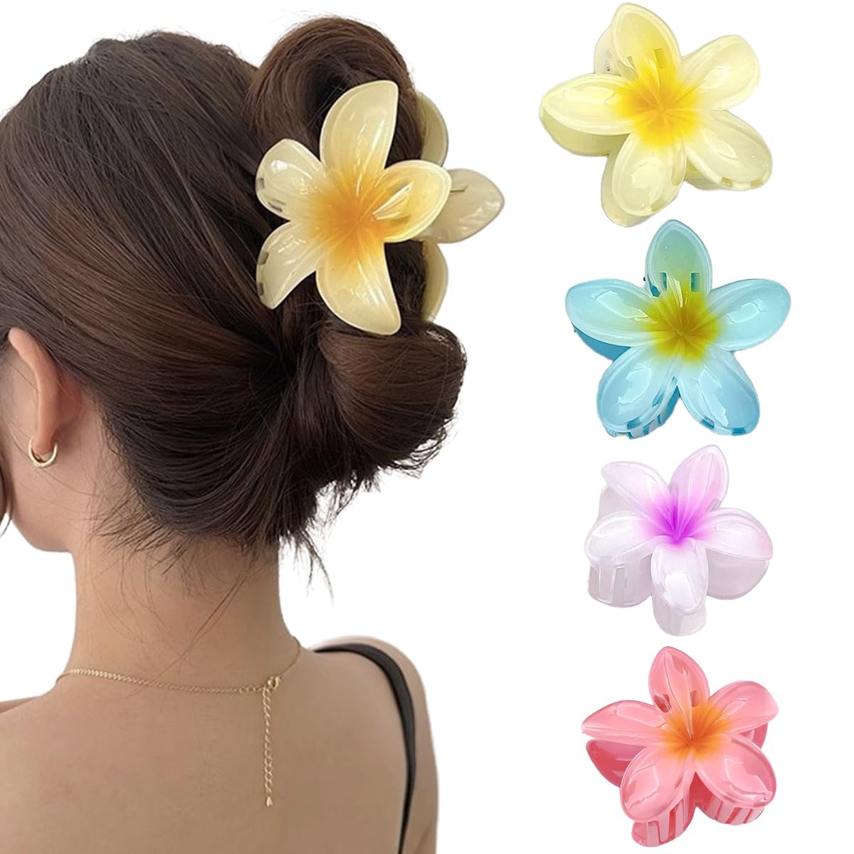 4 pinzas para el Pelo con Flores, Pelo Hawaianas, Clips de Pelo de Flor Colores Pinzas, Plástico Antideslizant para el Cabello para Fotos, Uso Diario, Fiestas, Bodas