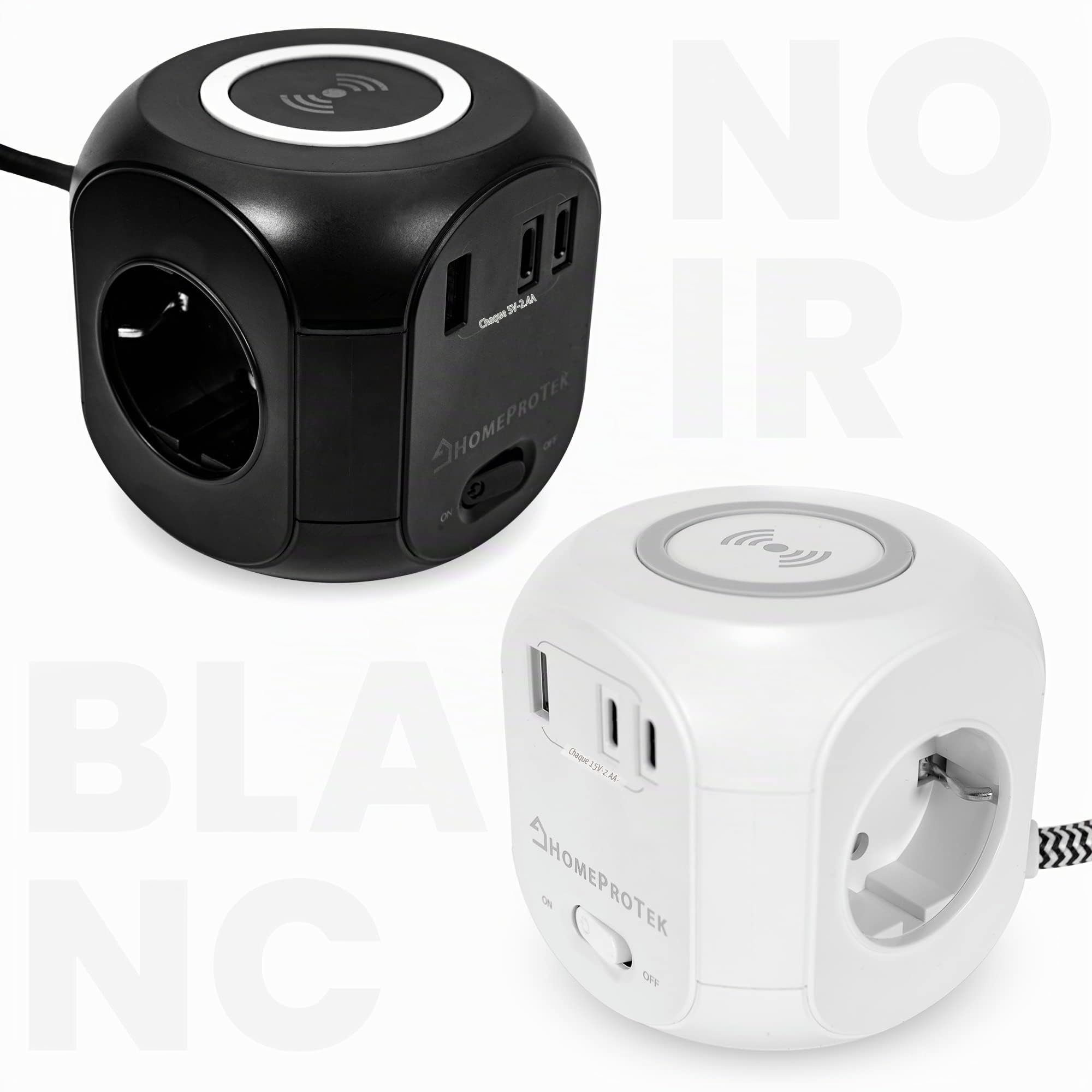 HomeProtek Multiprise Cube 3 Prises, USB-A, 2 USB-C, Noir | Chargeur sans fil et interrupteur; rallonge multiprise pour maison ou bureau