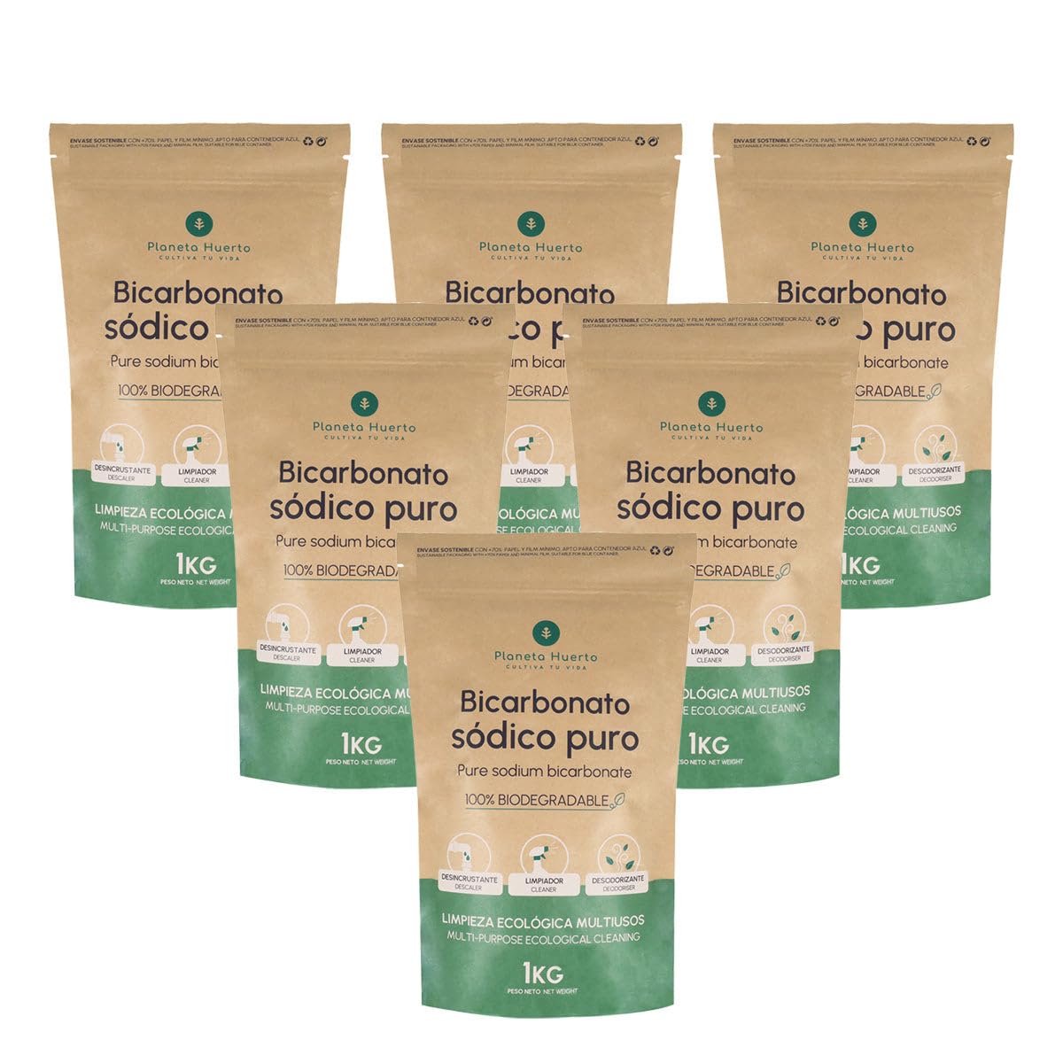 PLANETA HUERTO | Pack 6x Bicarbonato Sódico 1 Kg - Limpiador Ecológico Multiusos, Desodorante y Abrillantador Natural