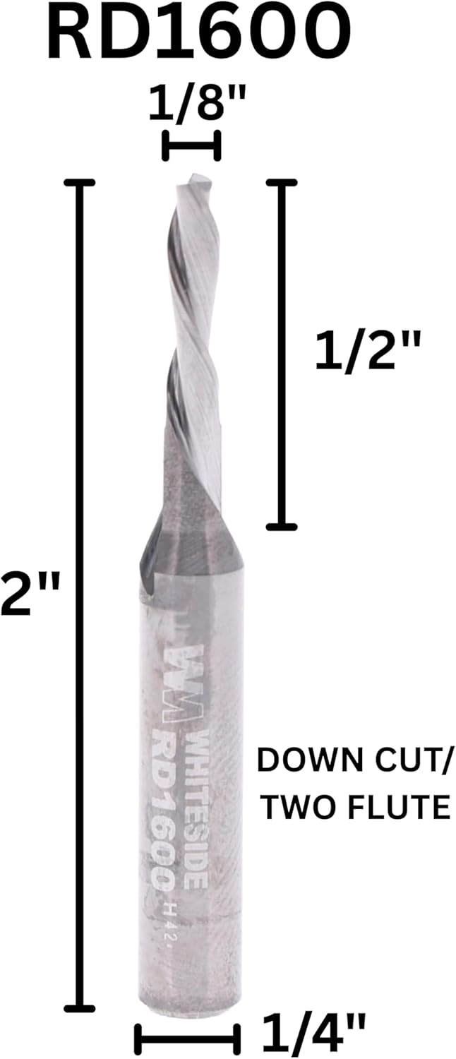 Whiteside RD1600 Spiral Downcut Straight Router Bit: 1/8 Inch Cutting Diameter, 1/4 Inch Shank, 1/2 Inch Cutting Length