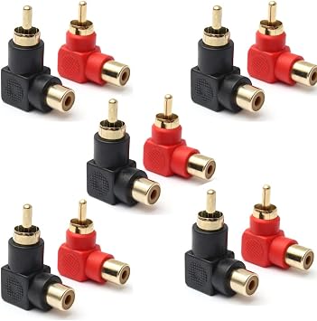 exgoofit RCA Male to RCA Female Connectors Right Angle Plug Adapters M/F 90 Degree Elbow Gold-Plated 5 Black + 5 Red 10-Pack
