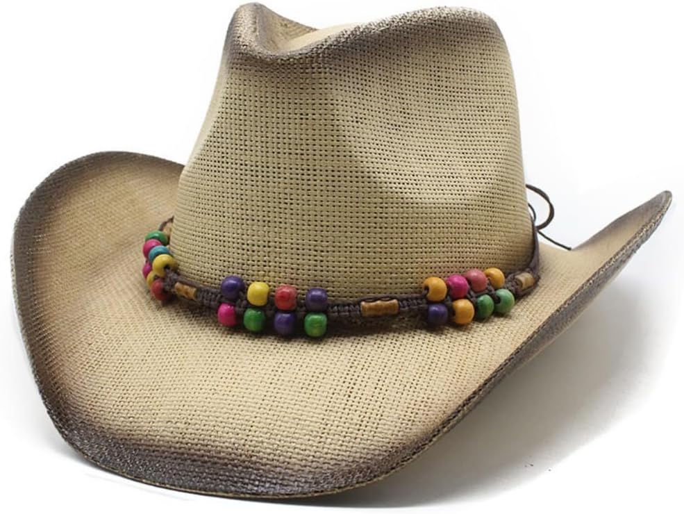 Western Cowboy Hat with Beaded Band, Pink, Wide Brim, Straw Style