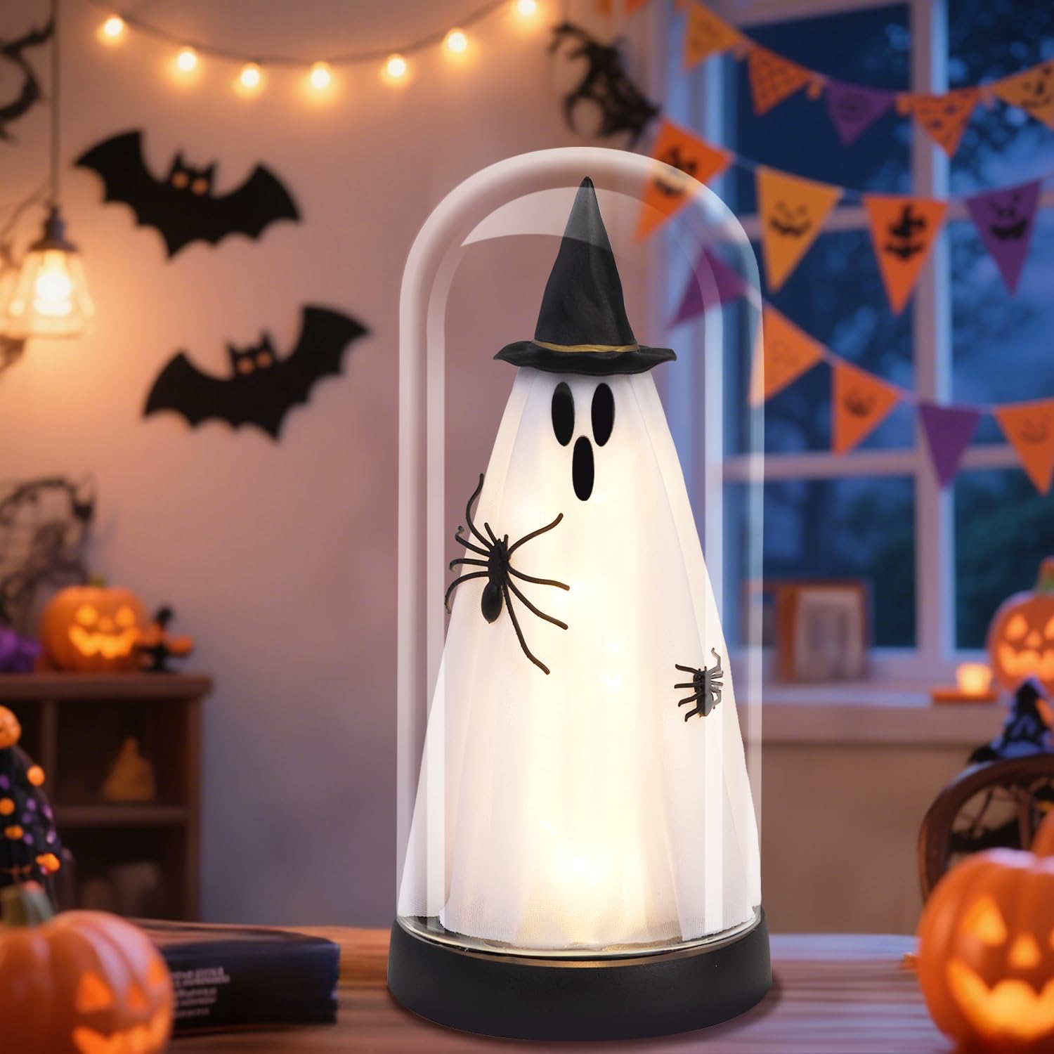 Dekoracja halloweenowa - dekoracje na Halloween do wnętrz - rozświetlający duch w szklanym kloszu - uroczy duch ze światłem do domu kuchni kominek dekoracja stołu na imprezę