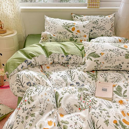 Michorinee Bettwäsche 135x200 Baumwolle Grün Weiß Blätter Blumen Pflanzenmuster Bettbezug Set 2 Teilig Floral Blümchen Blumenmuster Weich...