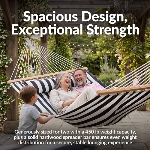 Image of Sunnydaze Quilted Double Hammock for Outside with Spreader Bars and Pillow - 450 lb Capacity, 74x55 Inch Bed, UV Resistant, Quick Dry - Chains Included, Stand Sold Separately - Black & White
