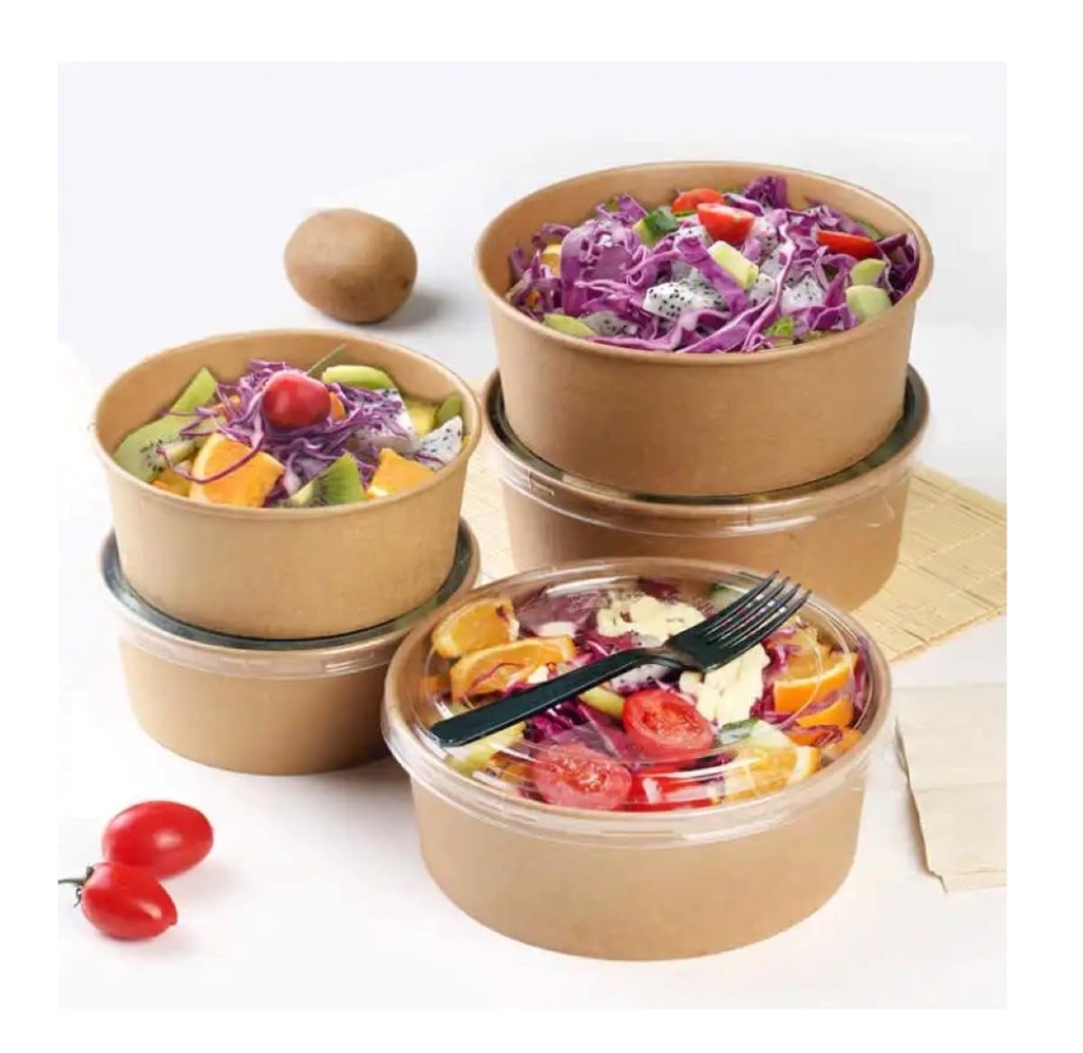 150 Pack of 25oz (750ml) Brown Disposable Takeaway Paper Kraft Salad Bowls with Lids Freezer and Microwave Safe Ideal for Street Food Packaging, Takeaway Business, Restaurant (150)