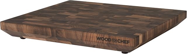 WoodForChef Heritage Grand Conseil de coupe de grain en bout de noix – Block Board de boucherie lourde avec pieds & Bouteille d'huile minérale – Deck de préparation en bois pour cuisine & Chefs professionnels - 18x16x2 pouces