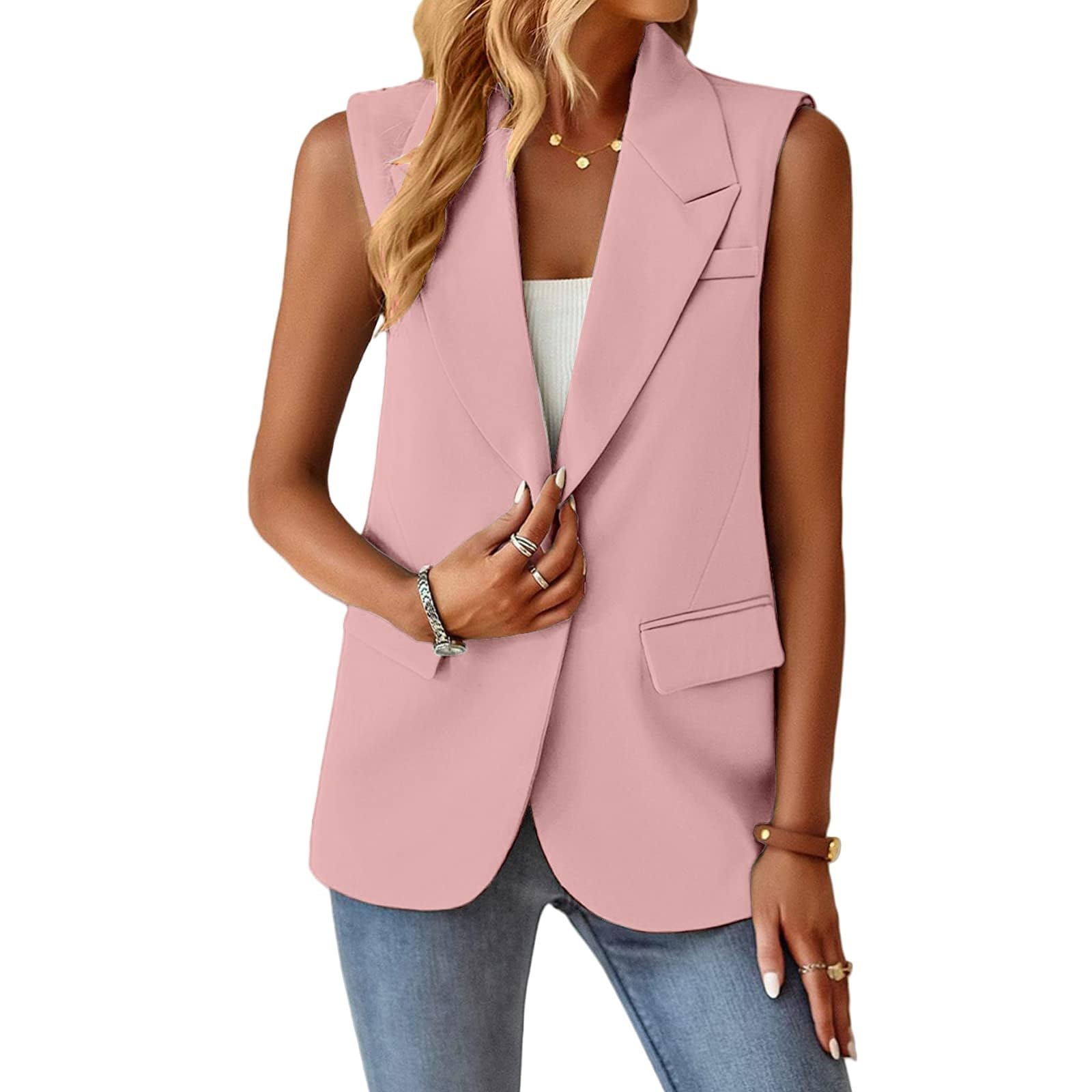 Ärmellose Damenwesten, lässiger Blazer, Revers, Ein-Knopf-Taillenmantel, elegante Weste mit Tasche, lockere Passform, elegant, Business-Arbeits-Blazer