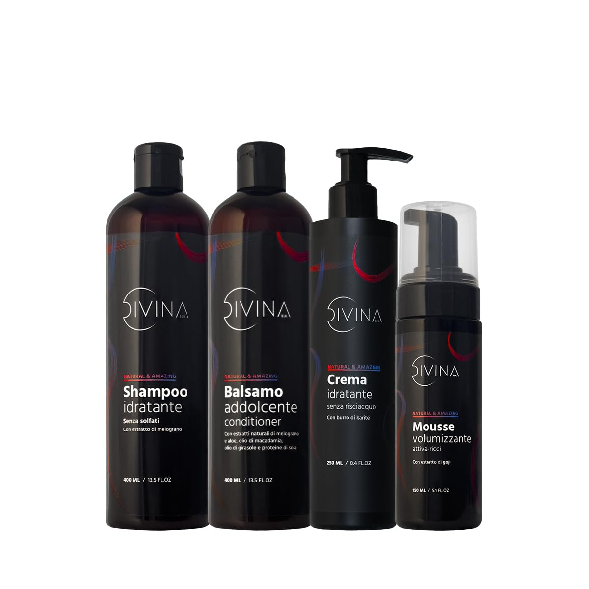 Kit Addolcente e Volumizzante per capelli mossi, ricci, super ricci e afro Natural&Amazing di DIVINA BLK, 4 prodotti inclusi, trattamento completo