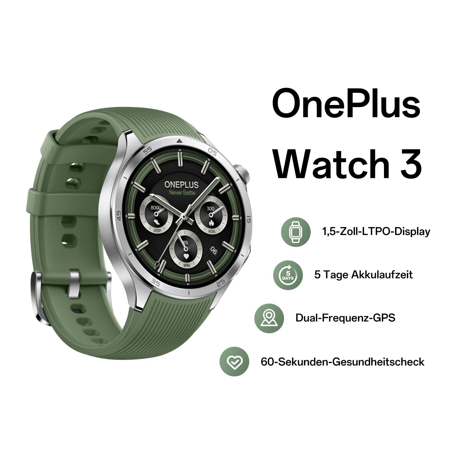 OnePlus Montre Connectée Watch 3, Bracelet 22 mm, Écran LTPO 1,5", Charge Rapide, Autonomie 120 Heures, 100 Modes Sport, Suivi GPS Double Fréquence, Bilan Santé 60 Secondes, Titane Émeraude