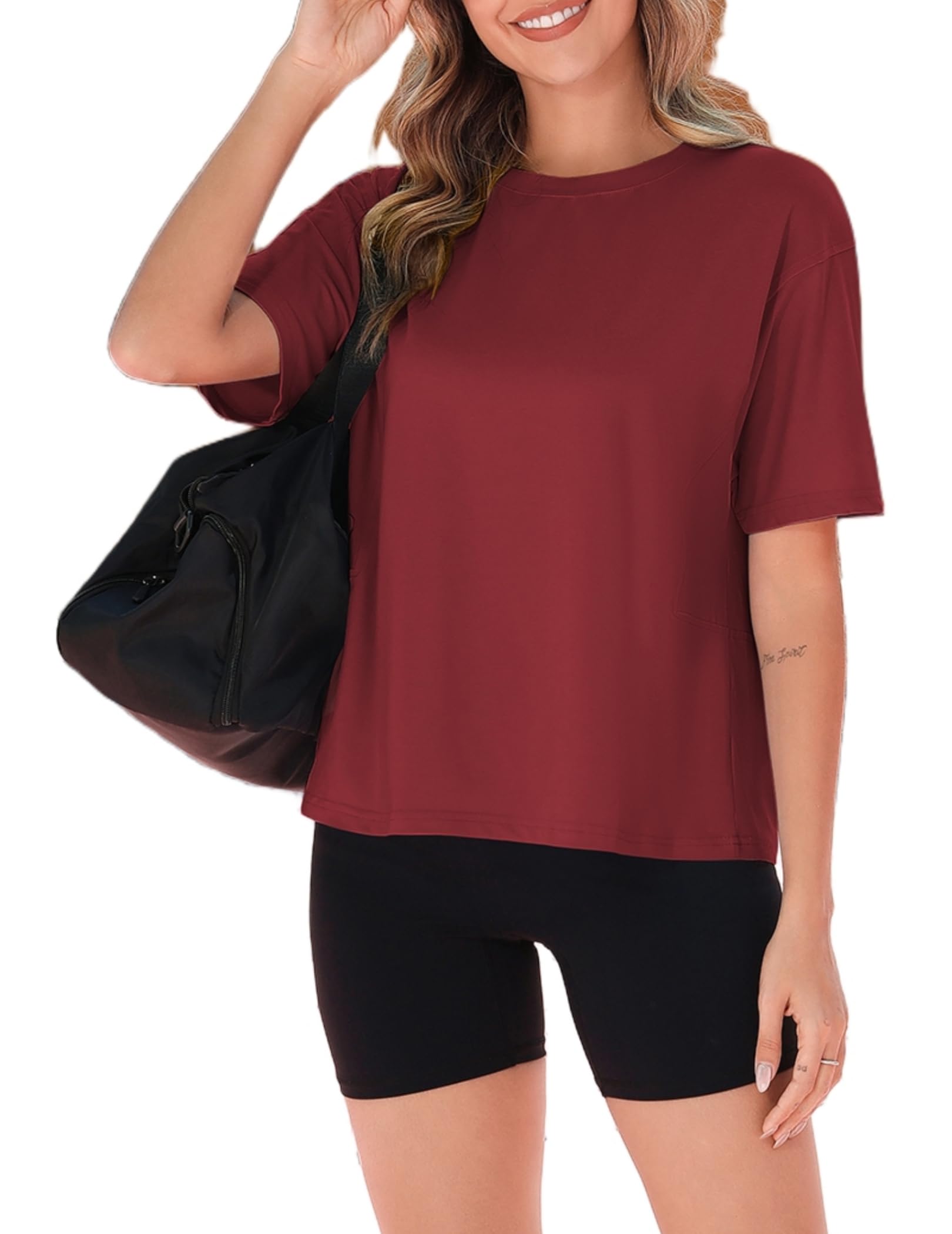 ZEAGOO Damen Oversize T Shirt Halbarm Rundhals Sport Shirts Sommer Casual Locker Basic Tshirt Square Naht