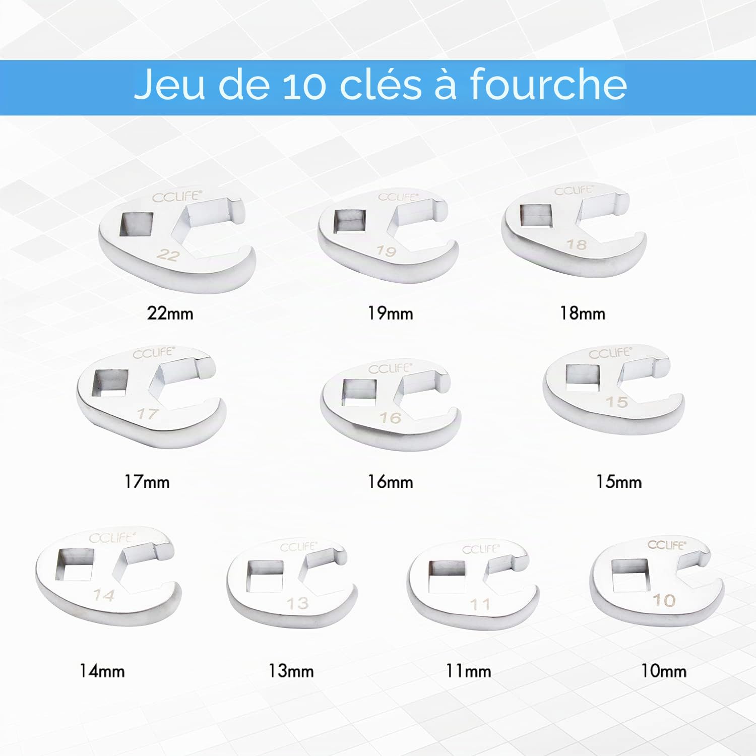 CCLIFE 10pcs Jeu de Clé à Tuyauter à Tête Pivotante 3/8' Clé à Fourche, Clé Polygonale Ouverte 6 Pans, Clé Crowfoot Taille de 10-22mm Matériau CR-V