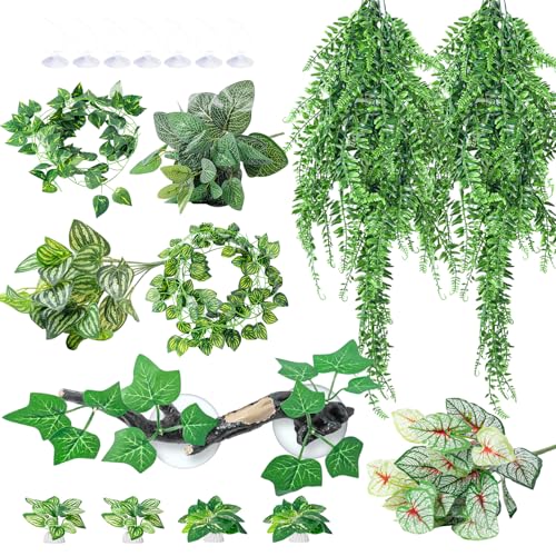 CousDUoBe 12 PCS Reptile Plants Set Reptile Corner Branch Bearded Dragon Tank Accessories Leopard Gecko Tank AccessoriesTerrarium Decorations with Suction Cup
