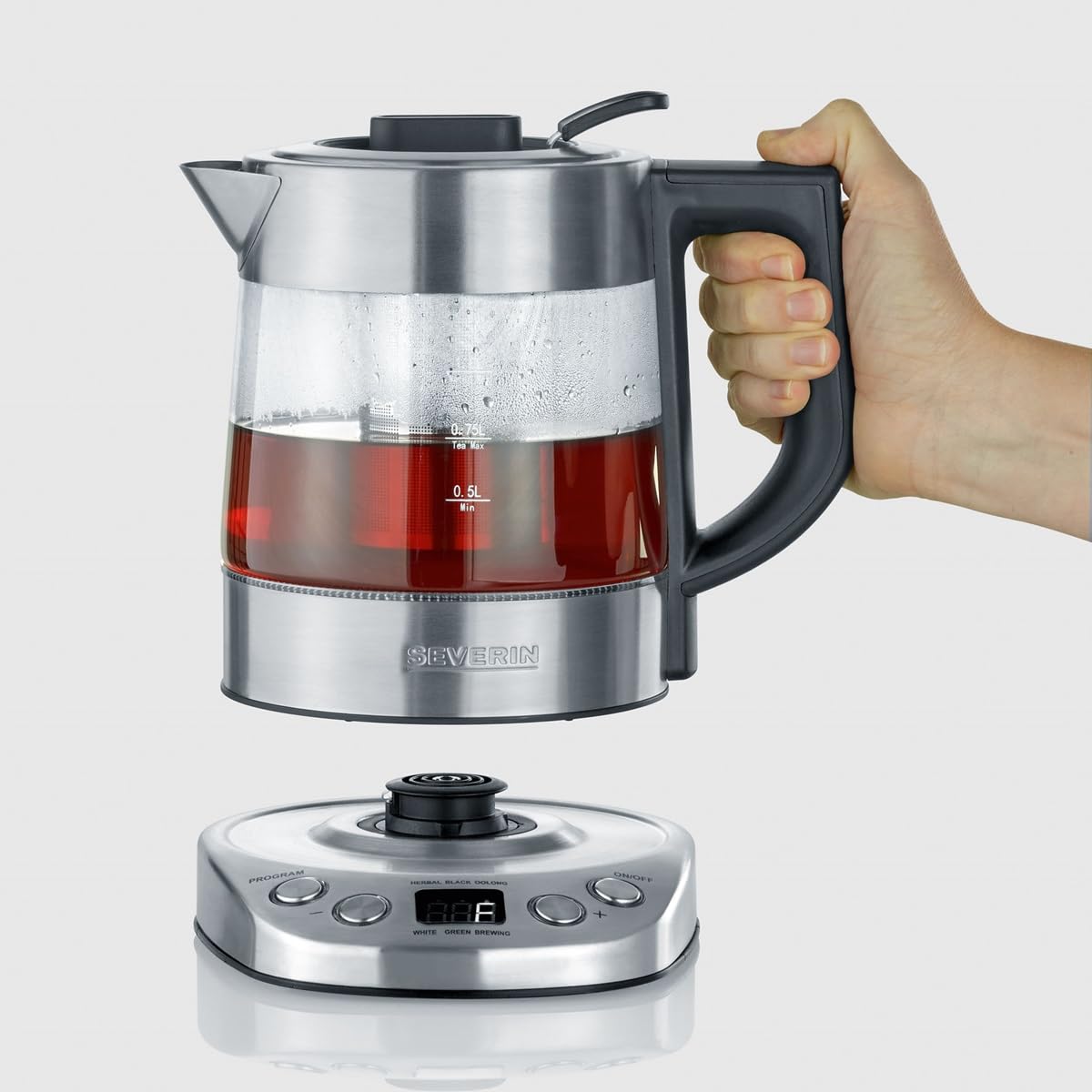 SEVERIN Tetera y hervidor de agua Deluxe Mini, tetera eléctrica de cristal para hasta 1,0 L, tetera pequeña con temperatura ajustable, color acero cepillado/negro, WK 3473