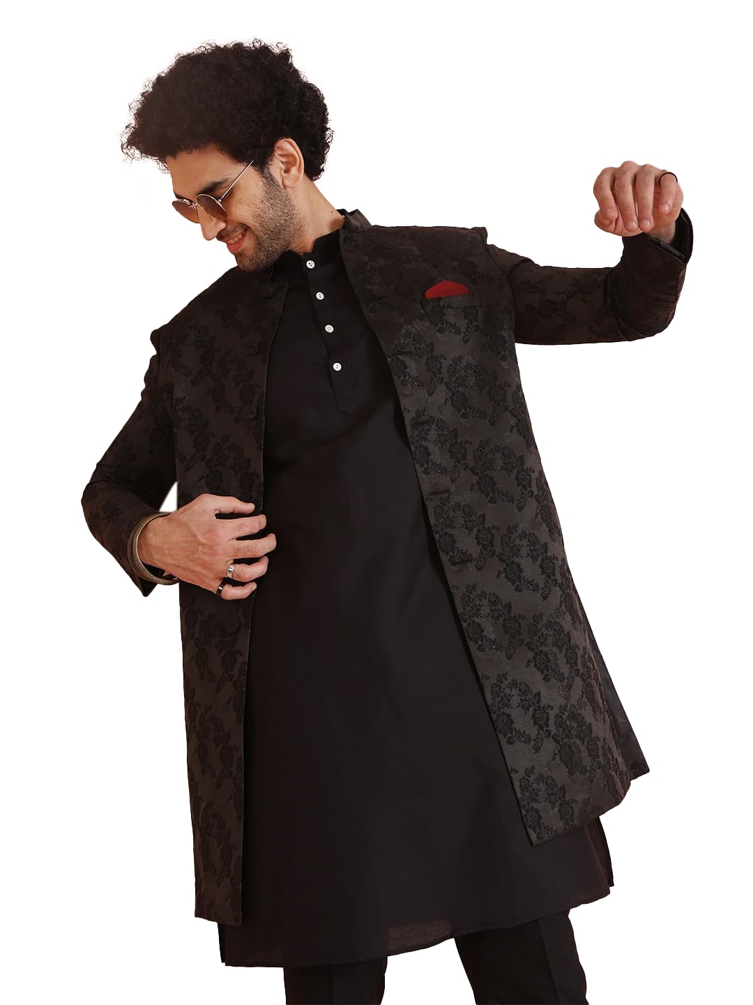 Kisah Sherwani Set For Men  Silk Blend Jacquard Textured Indo Western Sherwani With Kurta And Trouser | Designer Ethnic Outfit For Weddings & Festivals, Black, 40