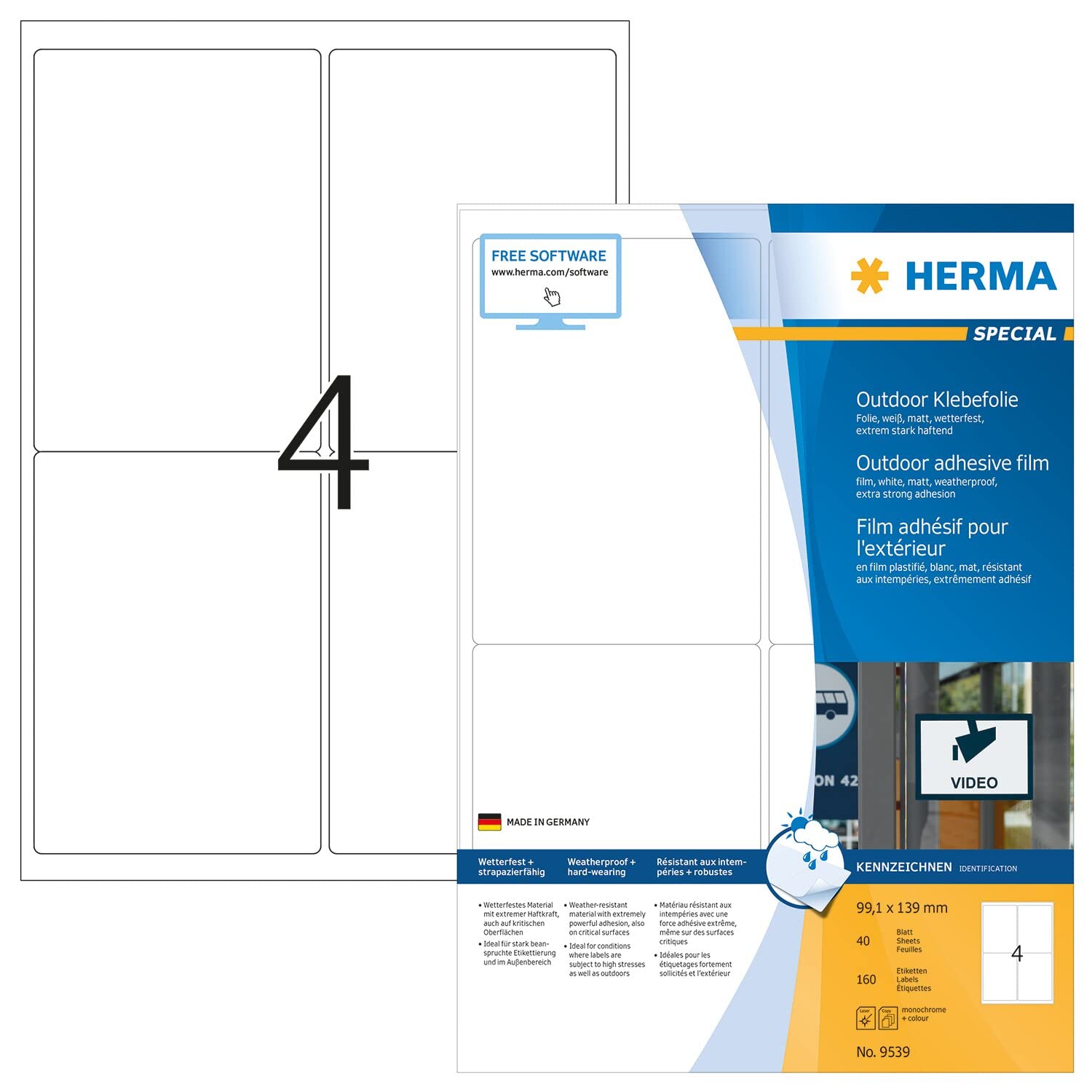 HERMA Weatherproof Outdoor Labels, 160 Labels, 40 Sheets, 99.1 x 139 mm, White, Stretchable, Temperature-Resistant, Suitable for Laser Printers