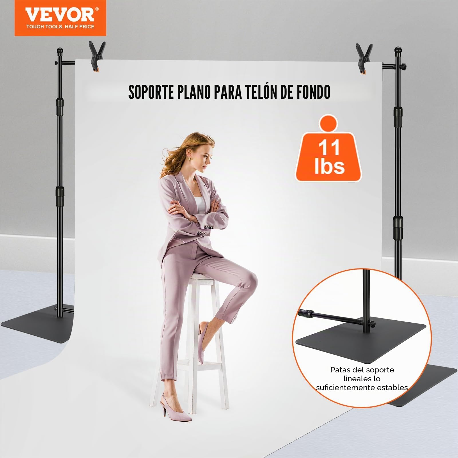 VEVOR Soporte de Fondo Kit de Soporte de Fondo Fotográfico Ajustable de 3048x3048 mm con Base de Acero al Carbono con 6 Abrazaderas Bolsa de Transporte para Estudio de Fotografía, Exposición, Boda