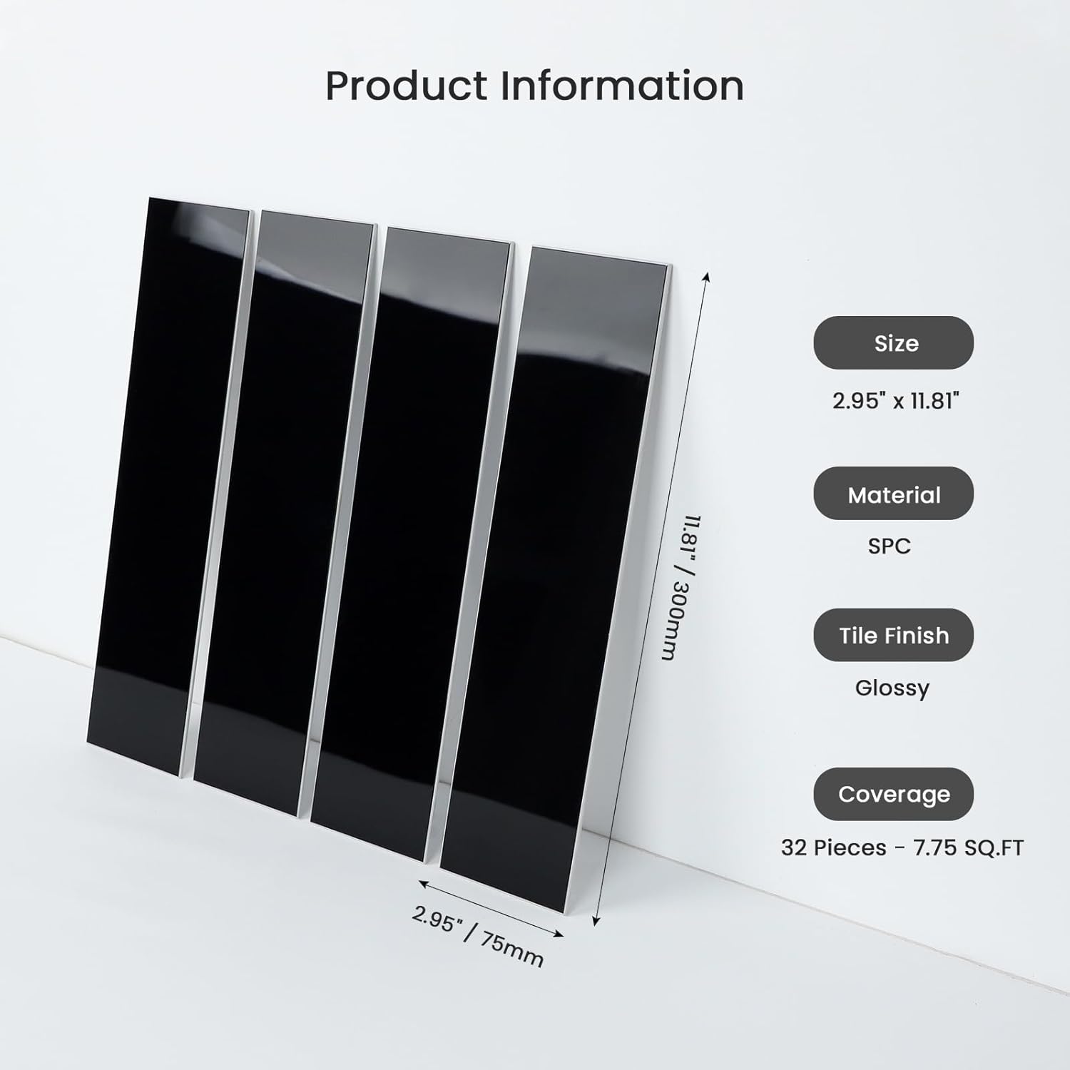 32-Piece Black Peel and Stick Backsplash Tiles, 3” x 12” Metro Glossy Subway Tile Self Adhesive Stick on Backsplash Wall Tiles for Kitchen Bathroom